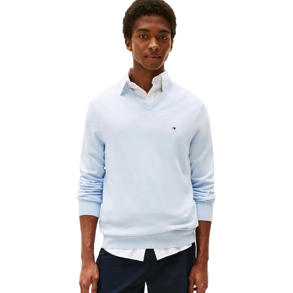 imageTommy Hilfiger Mens Cotton Solid V Neck Sweater Lightweight PulloverBrisk Blue
