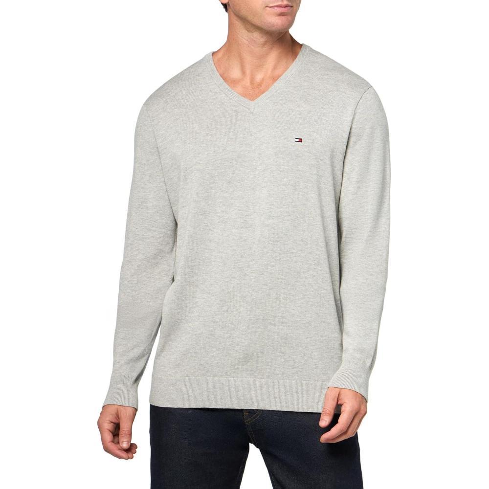 imageTommy Hilfiger Mens Cotton Solid V Neck Sweater Lightweight PulloverLight Grey Heather