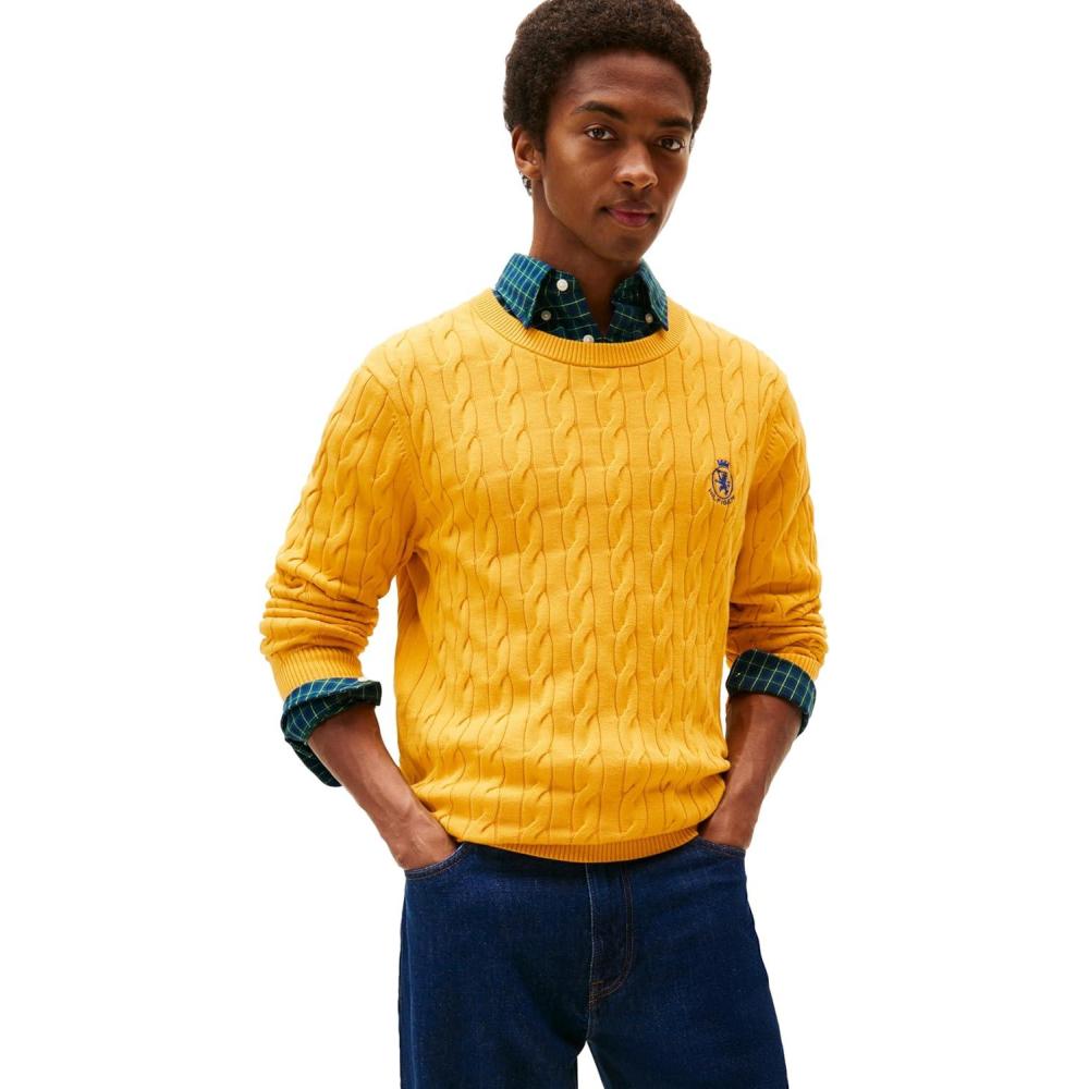 imageTommy Hilfiger Mens Crest Cable Knit Crewneck Sweater Lightweight PulloverCountryside Yellow