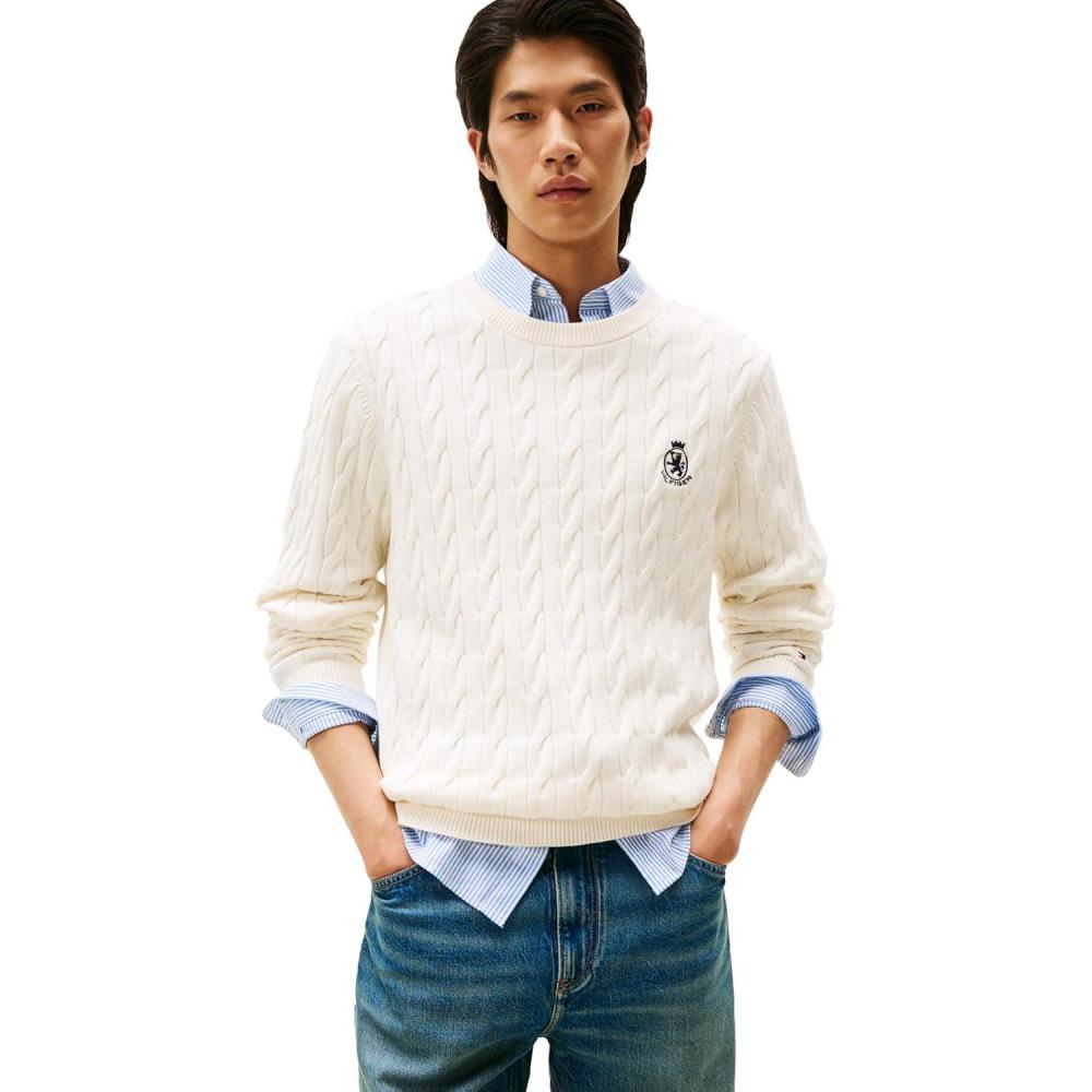 imageTommy Hilfiger Mens Crest Cable Knit Crewneck Sweater Lightweight PulloverIvory Petal