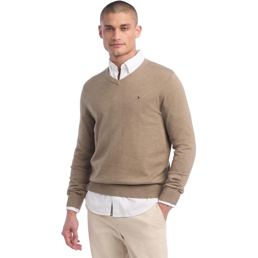imageTommy Hilfiger Mens Essential Long Sleeve Cotton VNeck Pullover SweaterDark Beige Heather