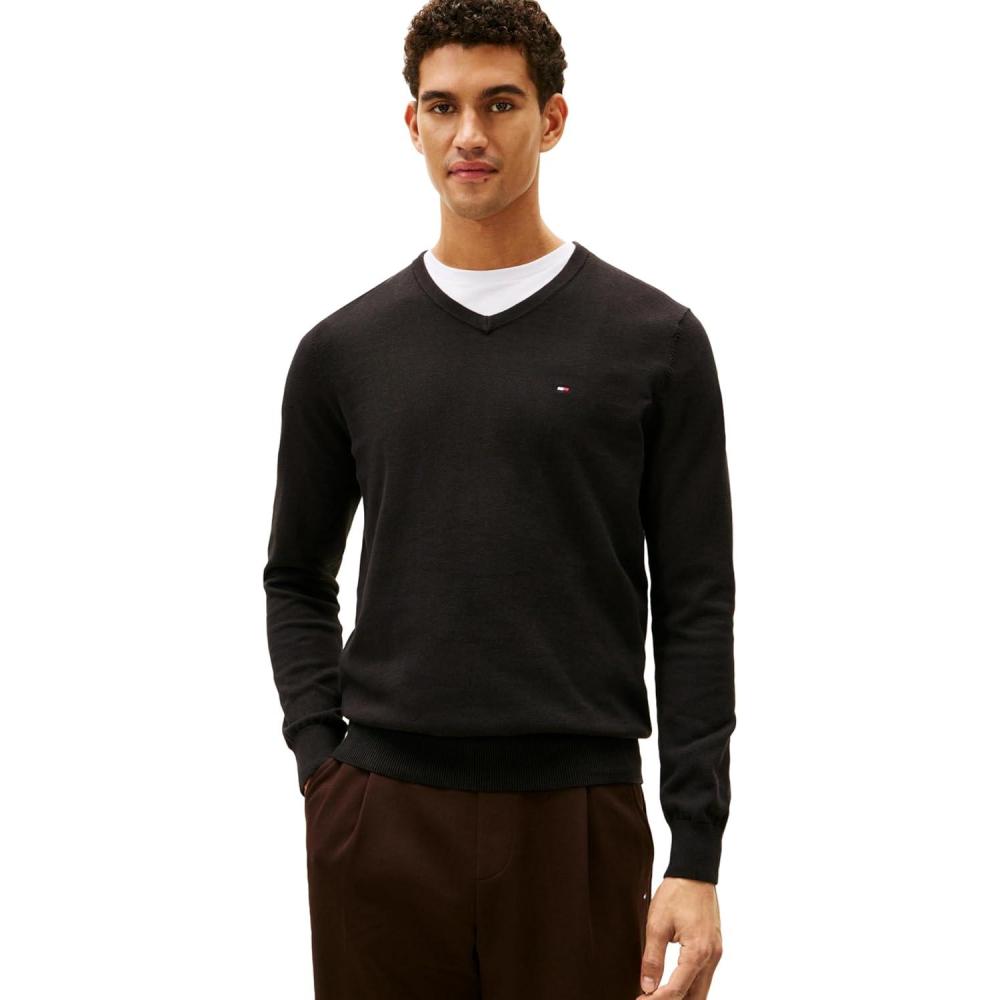 imageTommy Hilfiger Mens Essential Long Sleeve Cotton VNeck Pullover SweaterDeep Knit Black
