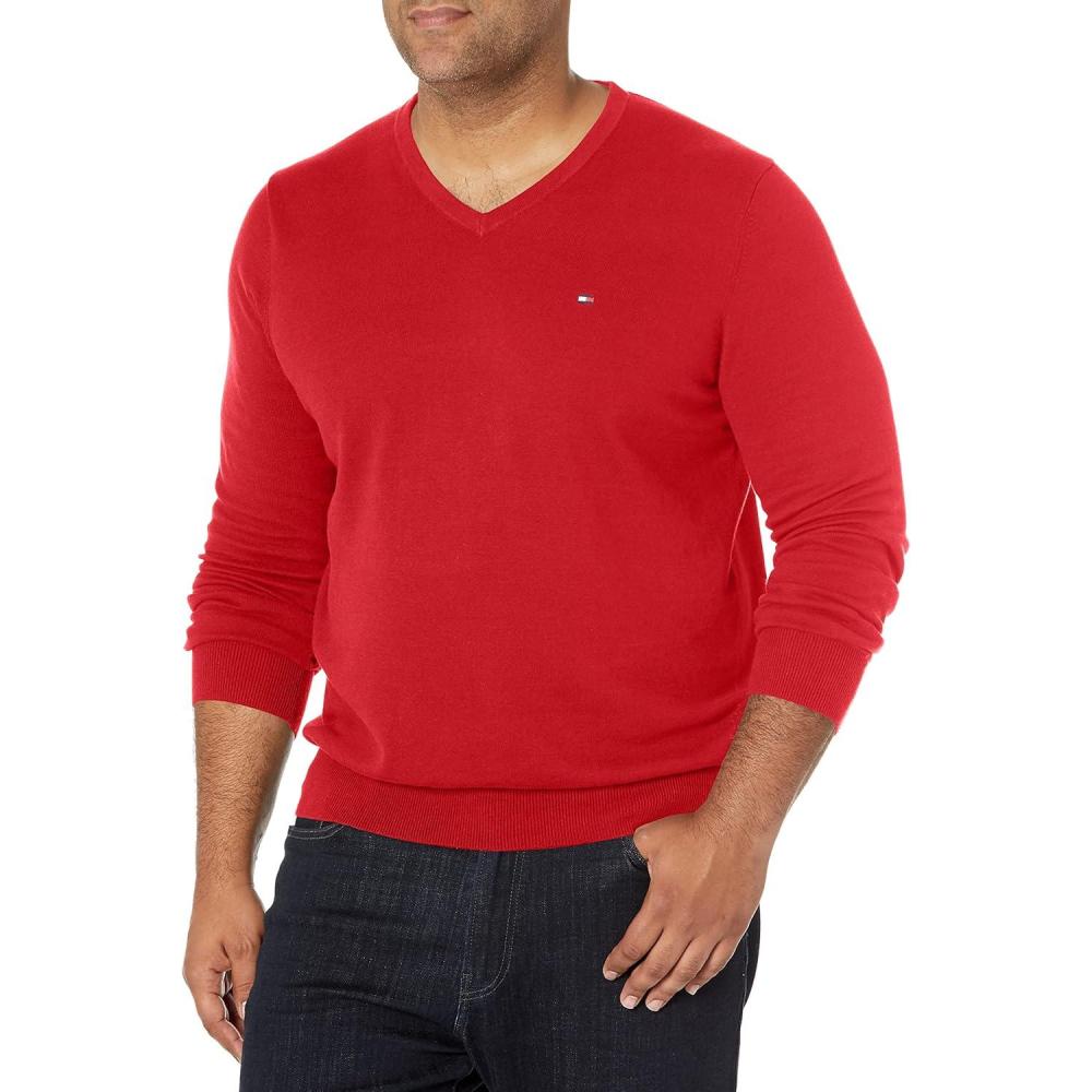 imageTommy Hilfiger Mens Essential Long Sleeve Cotton VNeck Pullover SweaterHaute Red