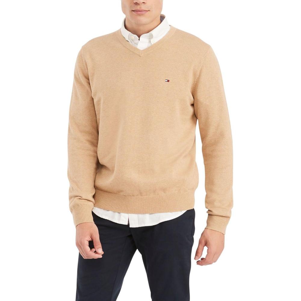 imageTommy Hilfiger Mens Essential Long Sleeve Cotton VNeck Pullover SweaterLight Beige Heather