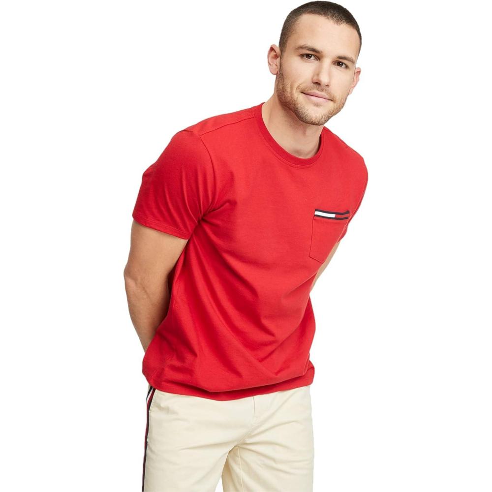 imageTommy Hilfiger Mens Essential Short Sleeve Stripe Crewneck Pocket TShirtApple Red