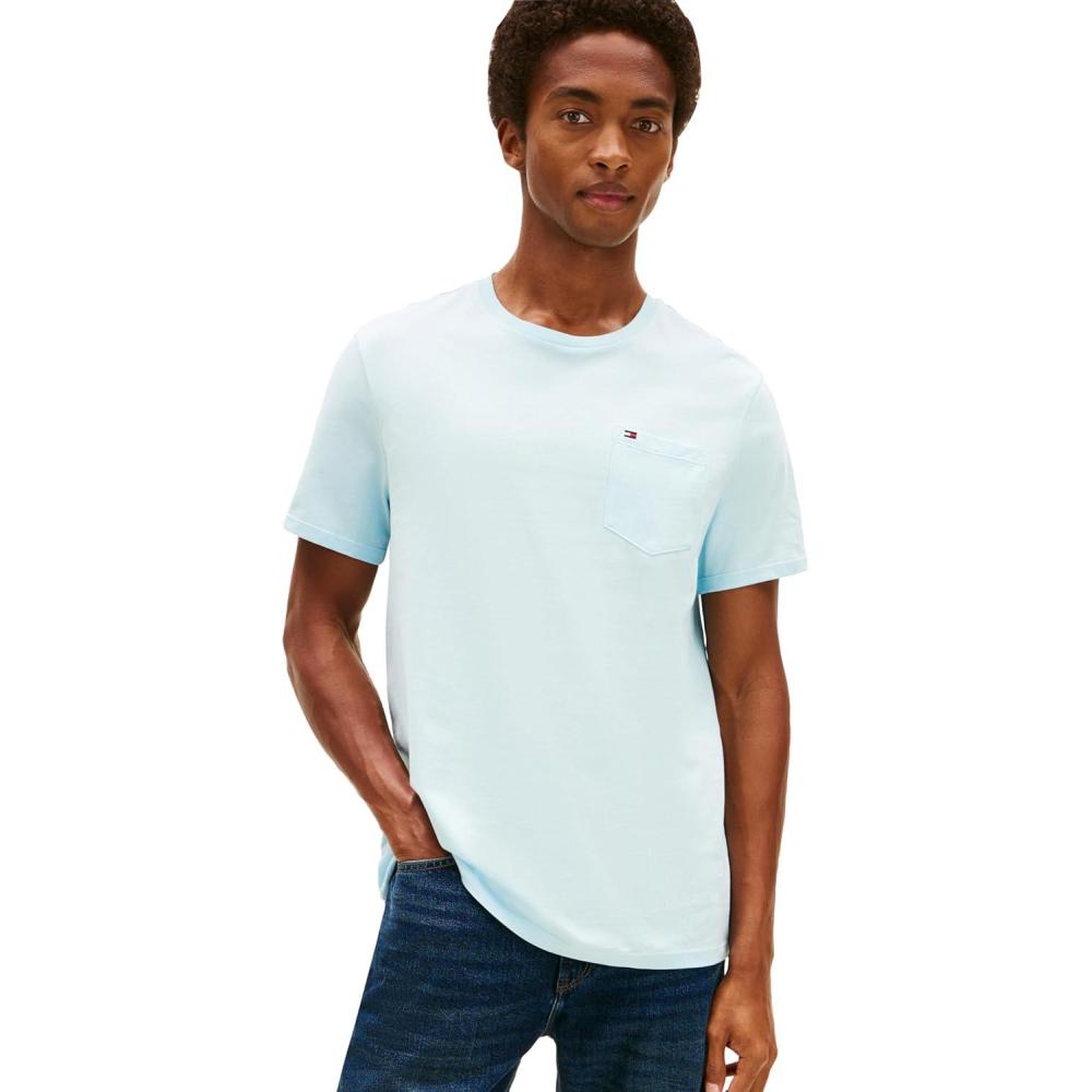 imageTommy Hilfiger Mens Essential Short Sleeve Stripe Crewneck Pocket TShirtCorydalis Blue