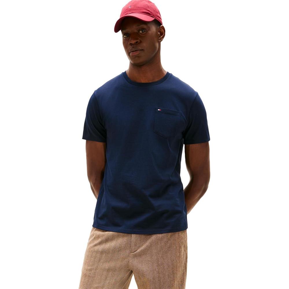imageTommy Hilfiger Mens Essential Short Sleeve Stripe Crewneck Pocket TShirtNavy Blazer