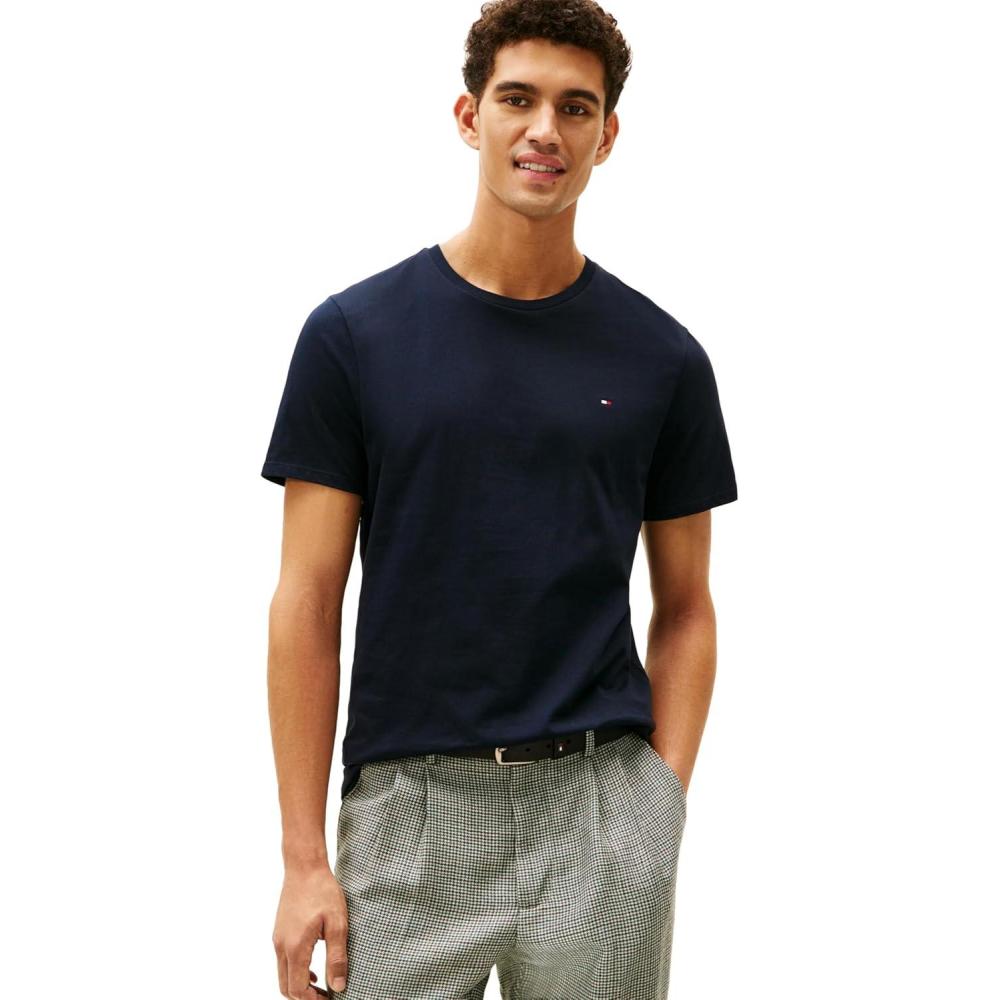 imageTommy Hilfiger Mens Essential Short Sleeve Stripe Crewneck Pocket TShirtSky Captain