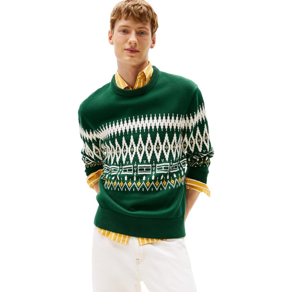 imageTommy Hilfiger Mens Fairisle Cotton Crewneck Sweater Lightweight PulloverOrnamental GreenIvory Petal
