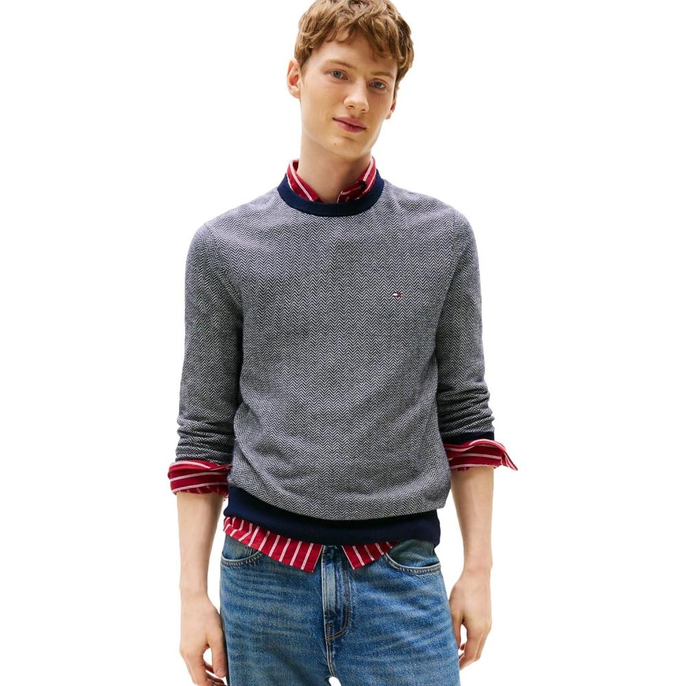 imageTommy Hilfiger Mens Herringbone Cotton Cashmere Crewneck Sweater PulloverDesert SkyIvory Petal