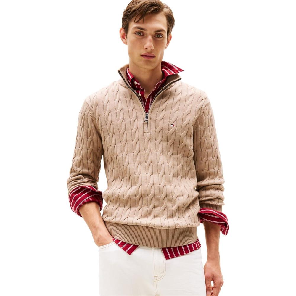 imageTommy Hilfiger Mens Lightweight Cable Pullover Quarter Zip SweaterCoastal Taupe
