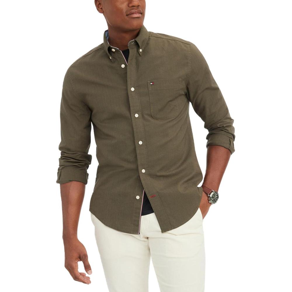 imageTommy Hilfiger Mens Long Sleeve Button Down Stretch Oxford Shirt in Regular FitArmy Green