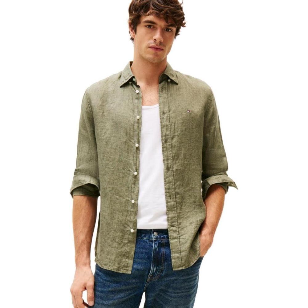 imageTommy Hilfiger Mens Long Sleeve Casual Linen Button Down Shirts in Regular FitBattle Green