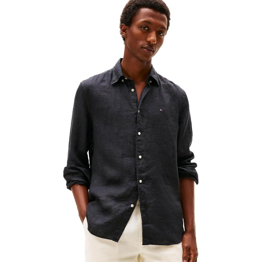 imageTommy Hilfiger Mens Long Sleeve Casual Linen Button Down Shirts in Regular FitBlack