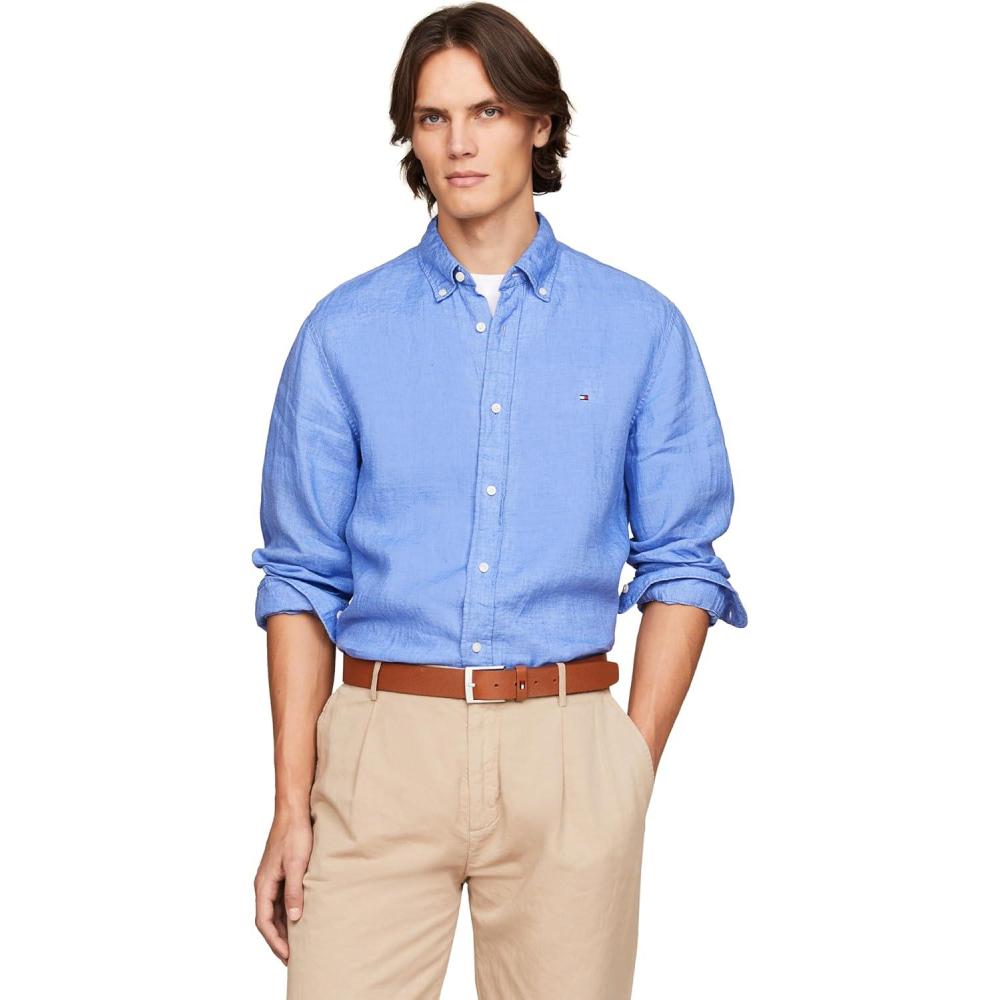 imageTommy Hilfiger Mens Long Sleeve Casual Linen Button Down Shirts in Regular FitBlue Spell
