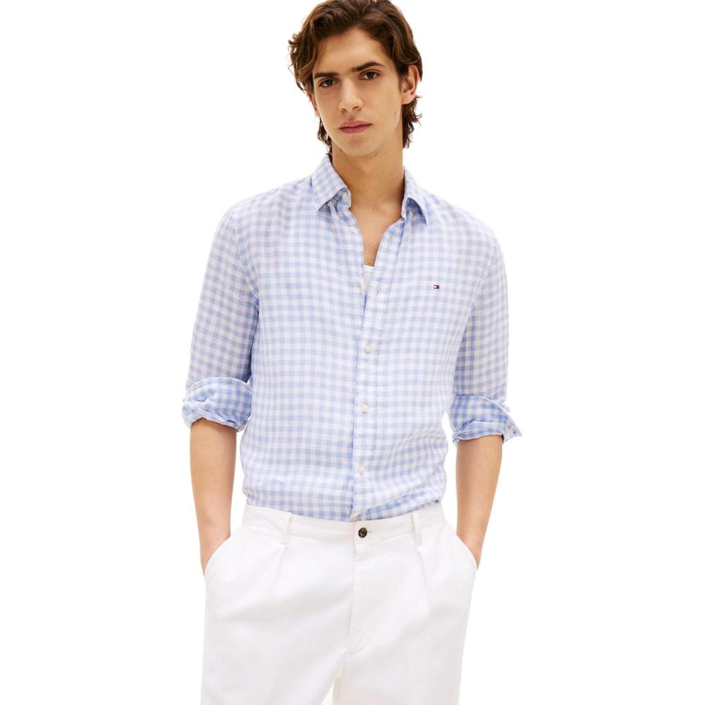 imageTommy Hilfiger Mens Long Sleeve Casual Linen Button Down Shirts in Regular FitBreezy Blue Check