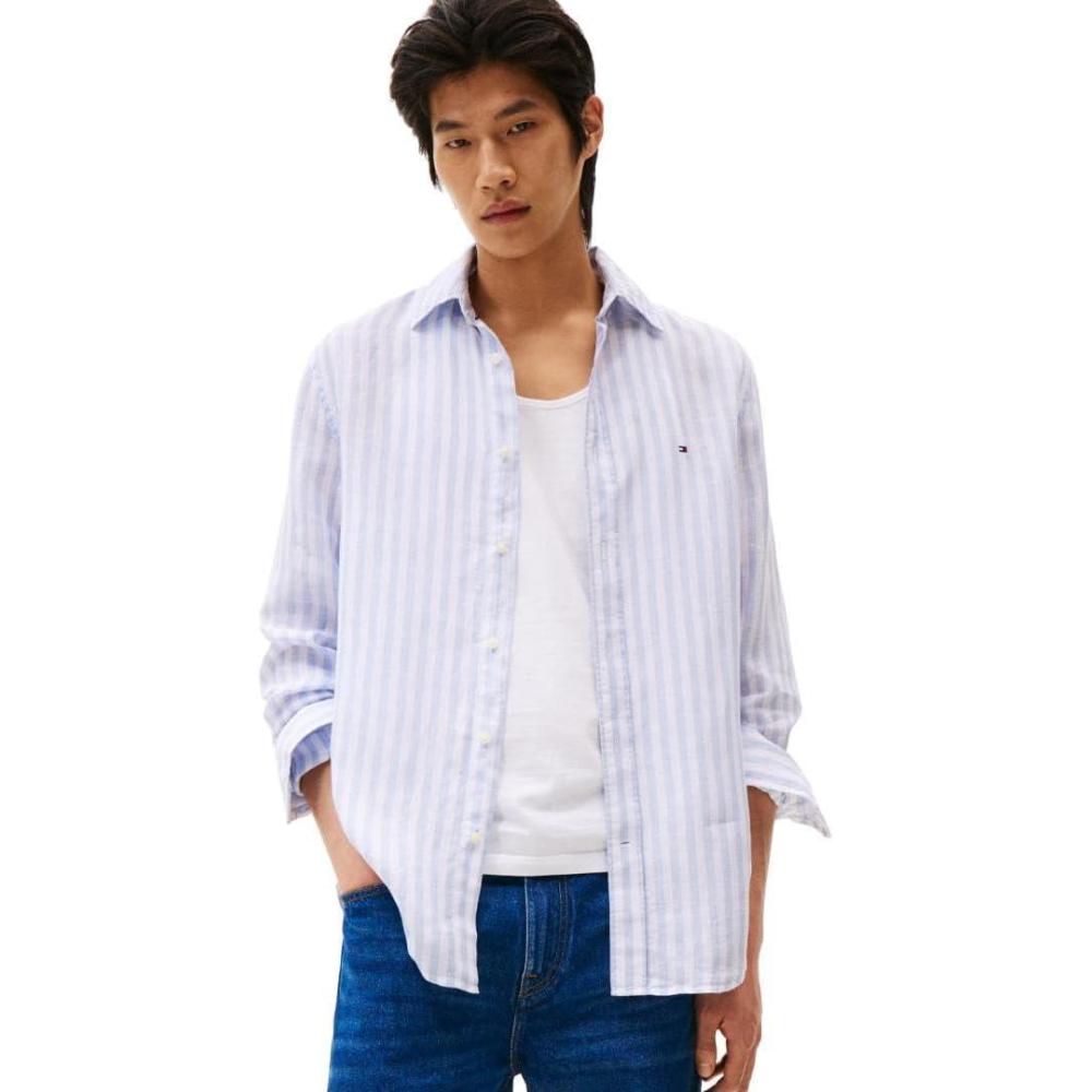 imageTommy Hilfiger Mens Long Sleeve Casual Linen Button Down Shirts in Regular FitBreezy Blue  Optic White