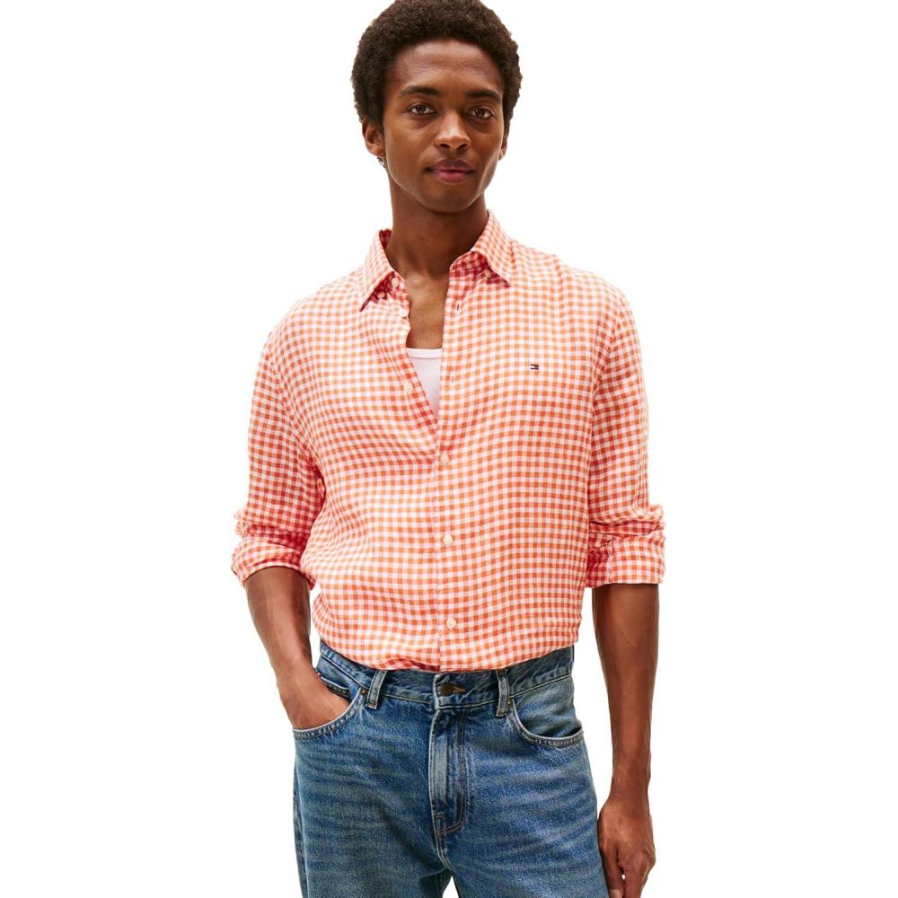 imageTommy Hilfiger Mens Long Sleeve Casual Linen Button Down Shirts in Regular FitBrilliant Orange  Check