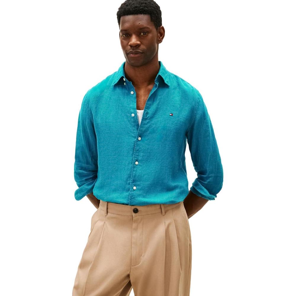 imageTommy Hilfiger Mens Long Sleeve Casual Linen Button Down Shirts in Regular FitDeep Ocean