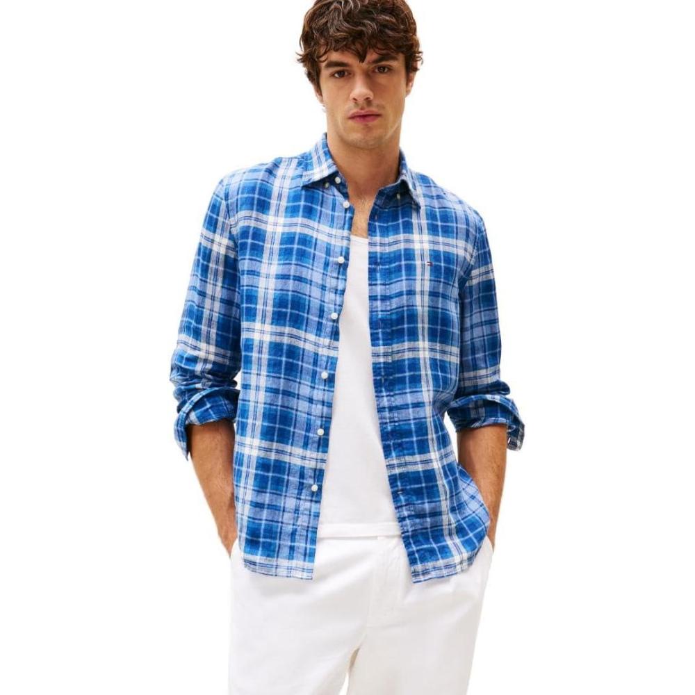 imageTommy Hilfiger Mens Long Sleeve Casual Linen Button Down Shirts in Regular FitNight Sky Check