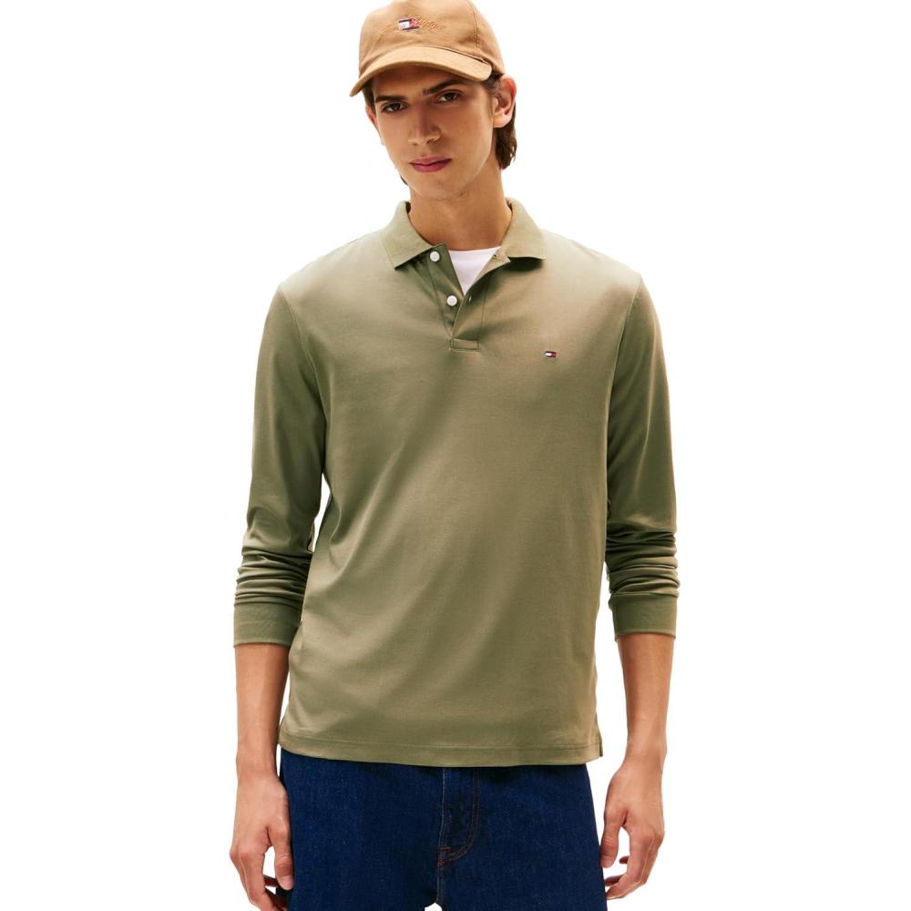 imageTommy Hilfiger Mens Long Sleeve Casual Polo Shirts in Regular Fit with Liquid CottonBattle Green