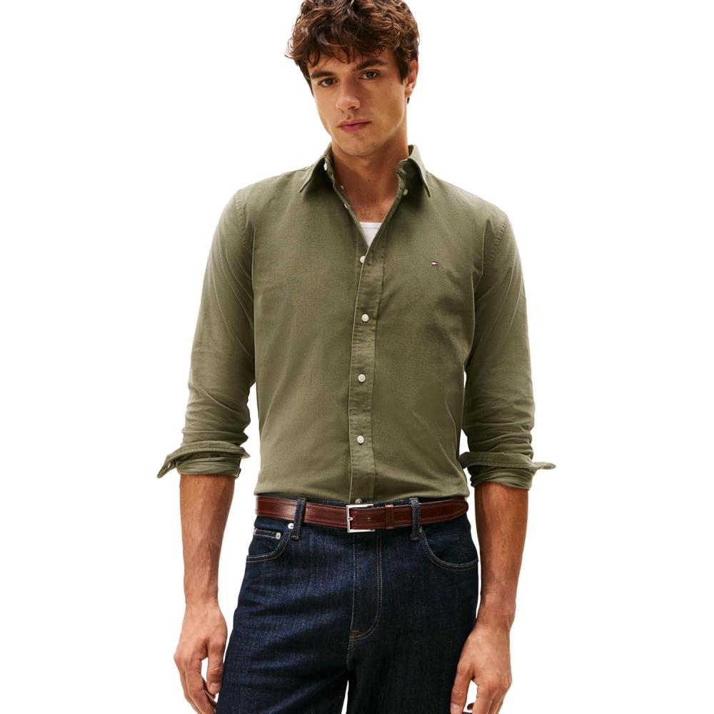 imageTommy Hilfiger Mens Long Sleeve Corduroy Shirts in Regular Fit Mens Button Down ShirtBattle Green