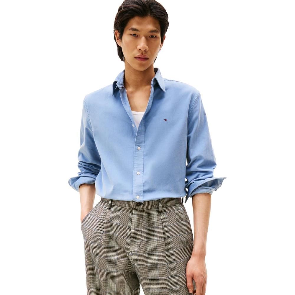 imageTommy Hilfiger Mens Long Sleeve Corduroy Shirts in Regular Fit Mens Button Down ShirtBrisk Blue