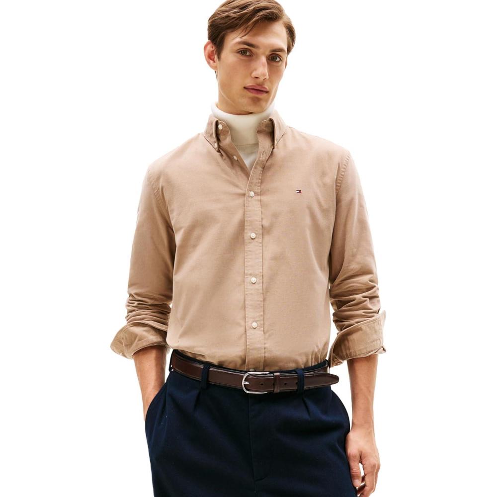 imageTommy Hilfiger Mens Long Sleeve Corduroy Shirts in Regular Fit Mens Button Down ShirtCoastal Taupe