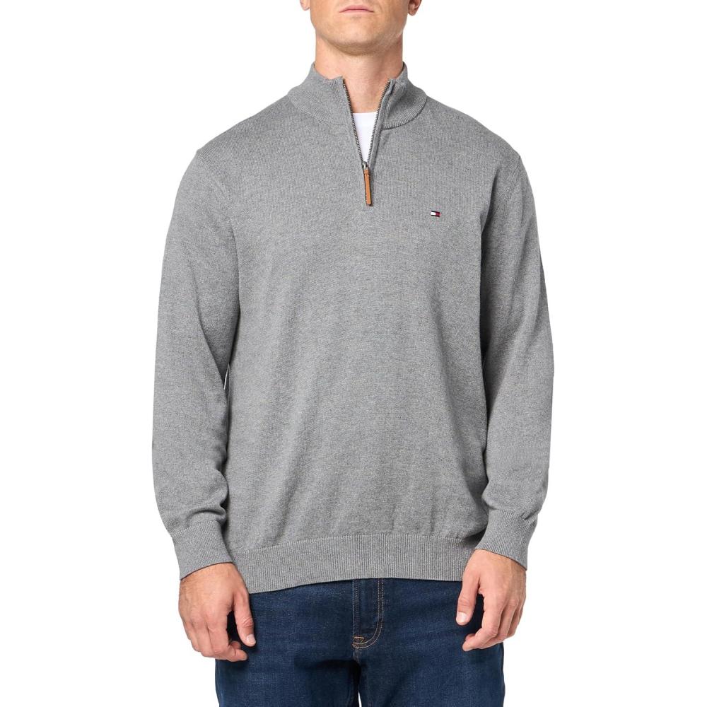 imageTommy Hilfiger Mens Long Sleeve Cotton Quarter Zip Pullover SweaterCharcoal Grey Heather