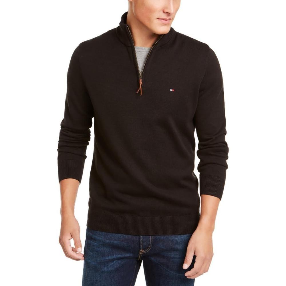 imageTommy Hilfiger Mens Long Sleeve Cotton Quarter Zip Pullover SweaterDeep Black