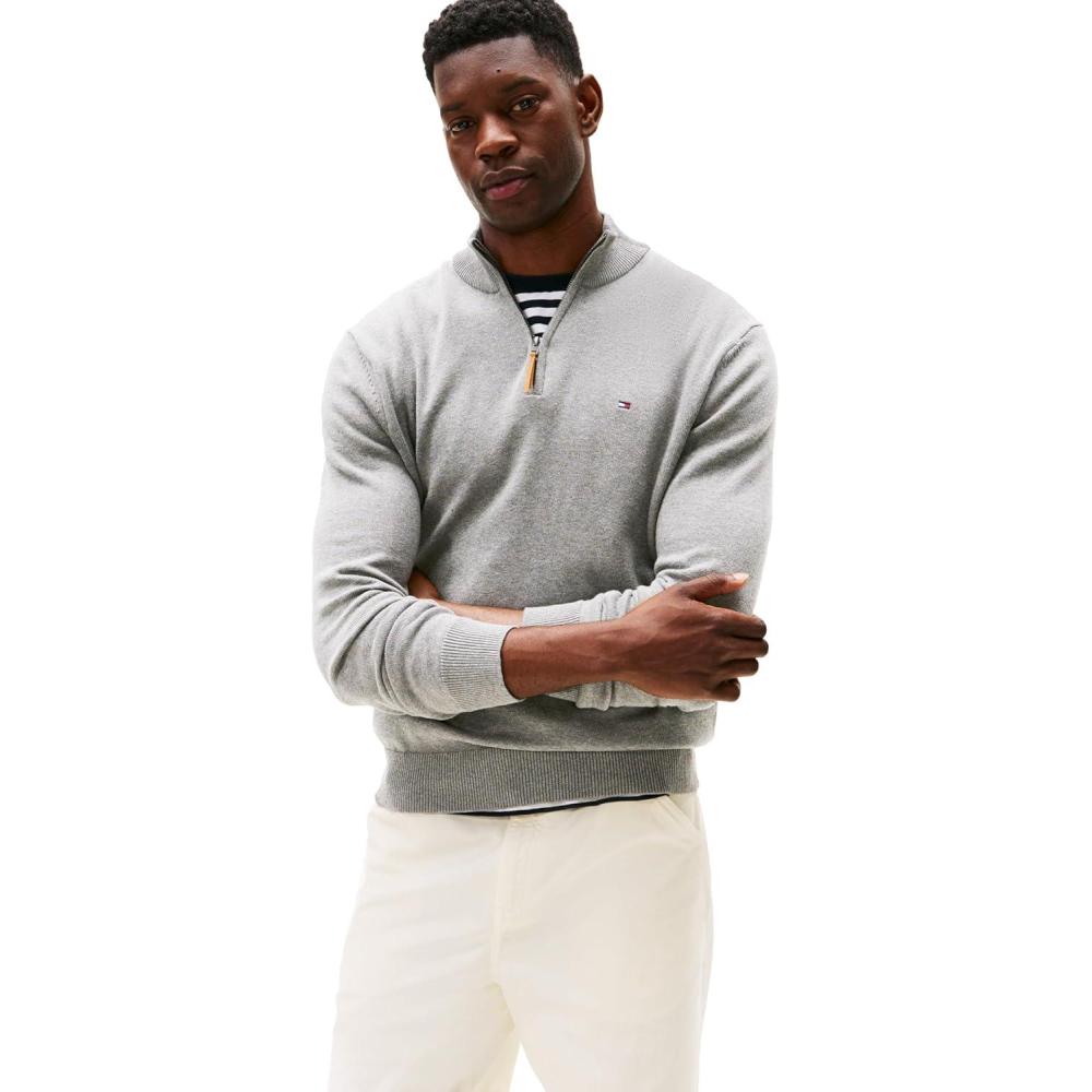 imageTommy Hilfiger Mens Long Sleeve Cotton Quarter Zip Pullover SweaterGrey Heather