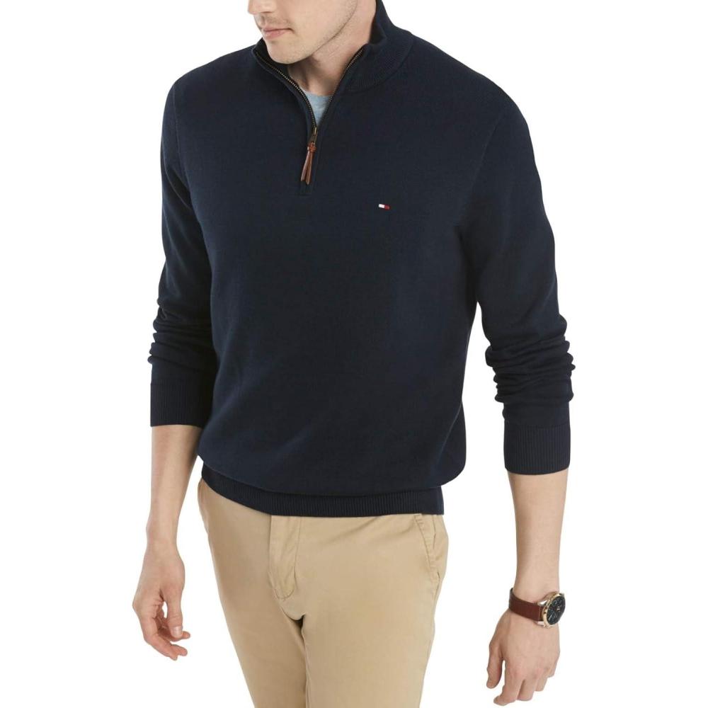 imageTommy Hilfiger Mens Long Sleeve Cotton Quarter Zip Pullover SweaterSky Captain