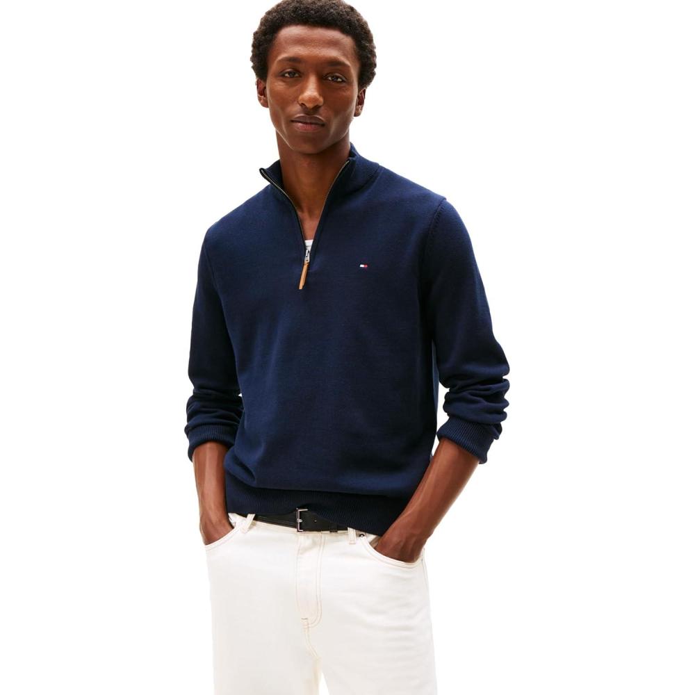 imageTommy Hilfiger Mens Long Sleeve Cotton Quarter Zip Pullover SweaterSky Captainpt