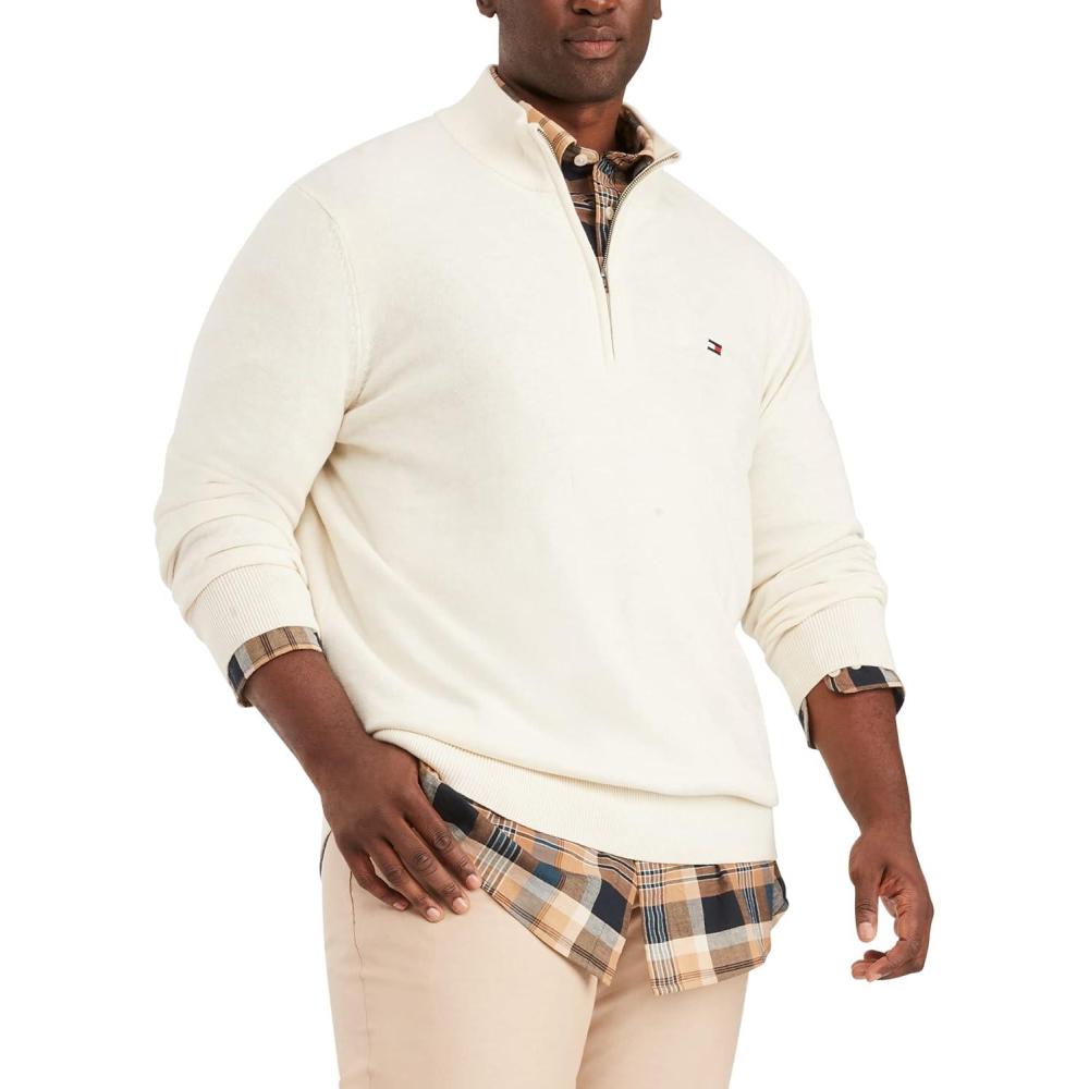 imageTommy Hilfiger Mens Long Sleeve Cotton Quarter Zip Pullover SweaterSnow White Heather