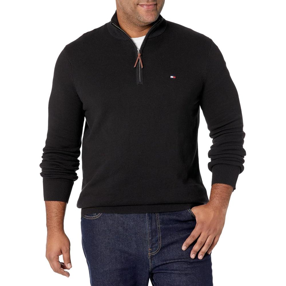 imageTommy Hilfiger Mens Long Sleeve Cotton Quarter Zip Pullover SweaterTh Deep Black
