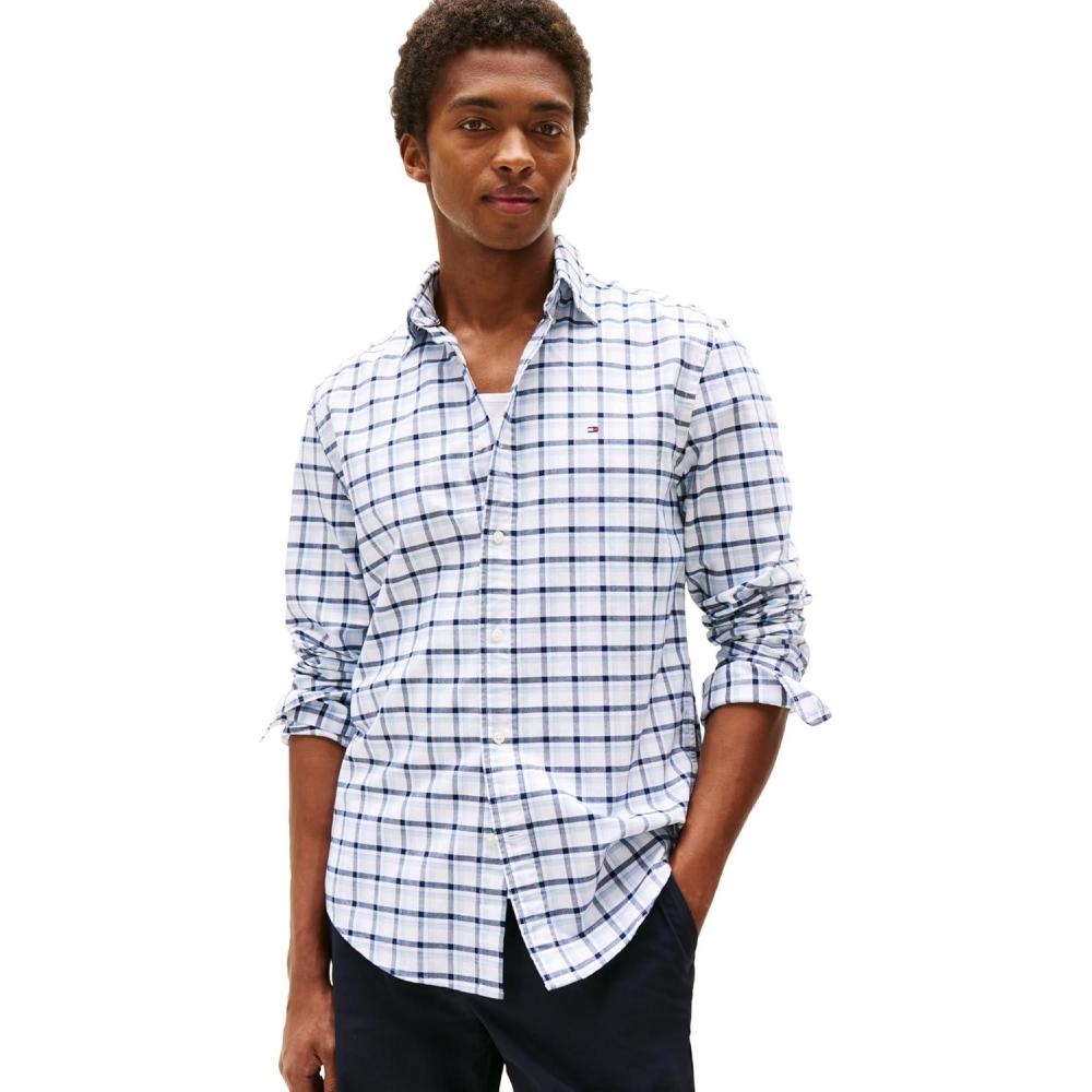 imageTommy Hilfiger Mens Long Sleeve Oxford Shirts in Regular Fit Mens Button Down Shirts Also Available in Big and TallBreezy Blue Check