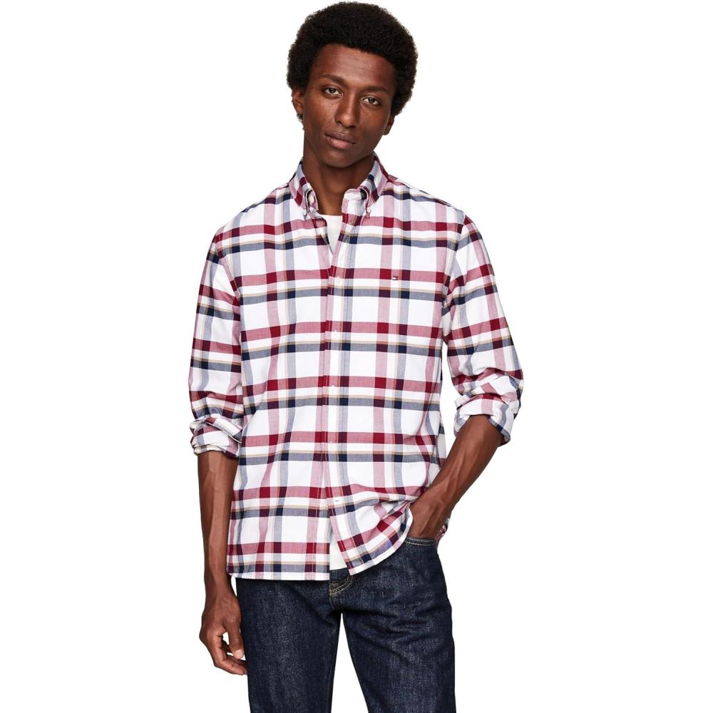 imageTommy Hilfiger Mens Long Sleeve Oxford Shirts in Regular Fit Mens Button Down Shirts Also Available in Big and TallDeep Rouge Multi
