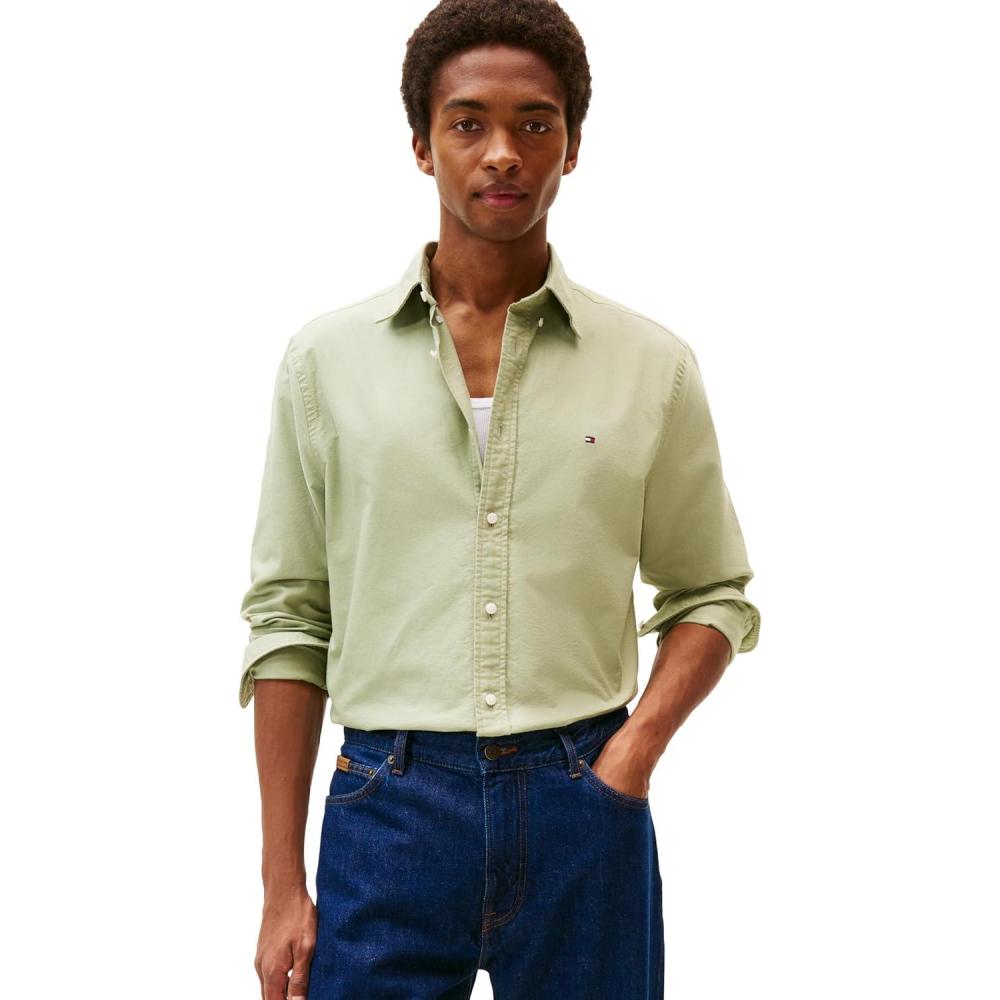 imageTommy Hilfiger Mens Long Sleeve Oxford Shirts in Regular Fit Mens Button Down Shirts Also Available in Big and TallEarth Sage Earth Sage Solid