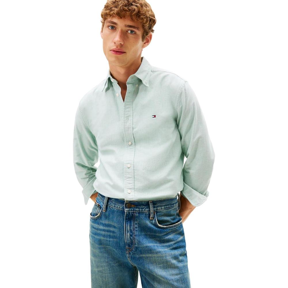 imageTommy Hilfiger Mens Long Sleeve Oxford Shirts in Regular Fit Mens Button Down Shirts Also Available in Big and TallNouveau Green
