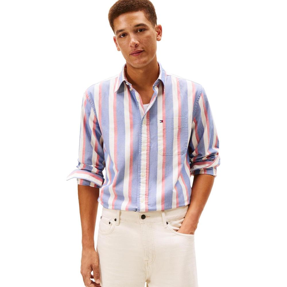 imageTommy Hilfiger Mens Long Sleeve Oxford Shirts in Regular Fit Mens Button Down Shirts Also Available in Big and TallWedge Blue  Multi Stripe