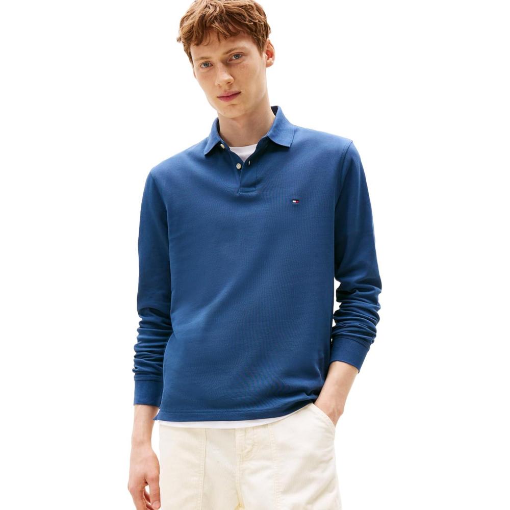 imageTommy Hilfiger Mens Long Sleeve Polo Shirts in Regular Fit with Stretch and Organic Pique CottonAegean Sea