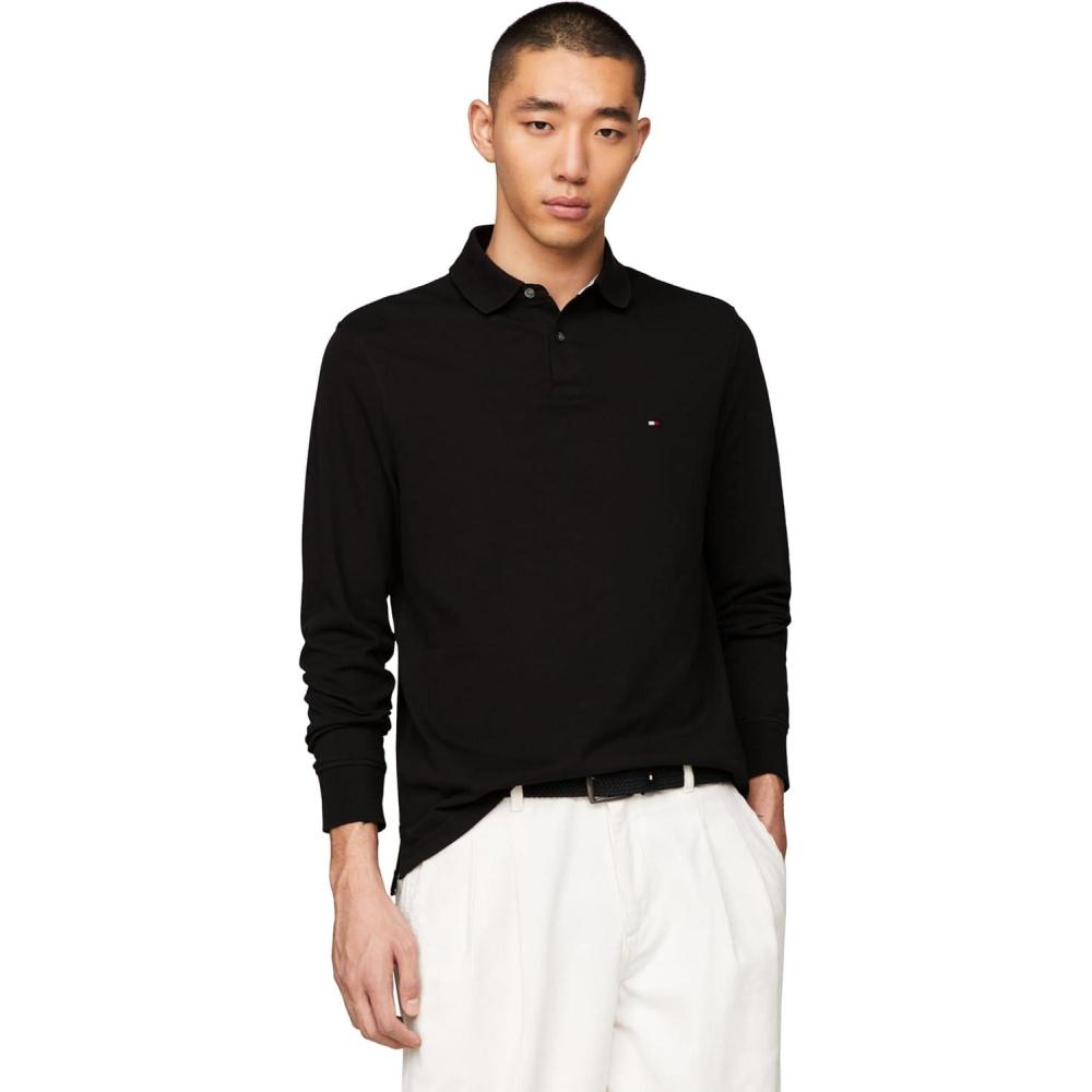 imageTommy Hilfiger Mens Long Sleeve Polo Shirts in Regular Fit with Stretch and Organic Pique CottonBlack