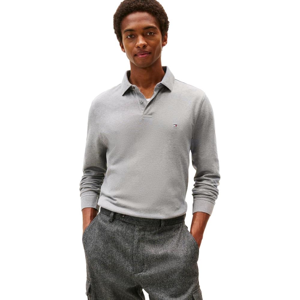 imageTommy Hilfiger Mens Long Sleeve Polo Shirts in Regular Fit with Stretch and Organic Pique CottonMedium Grey Heather