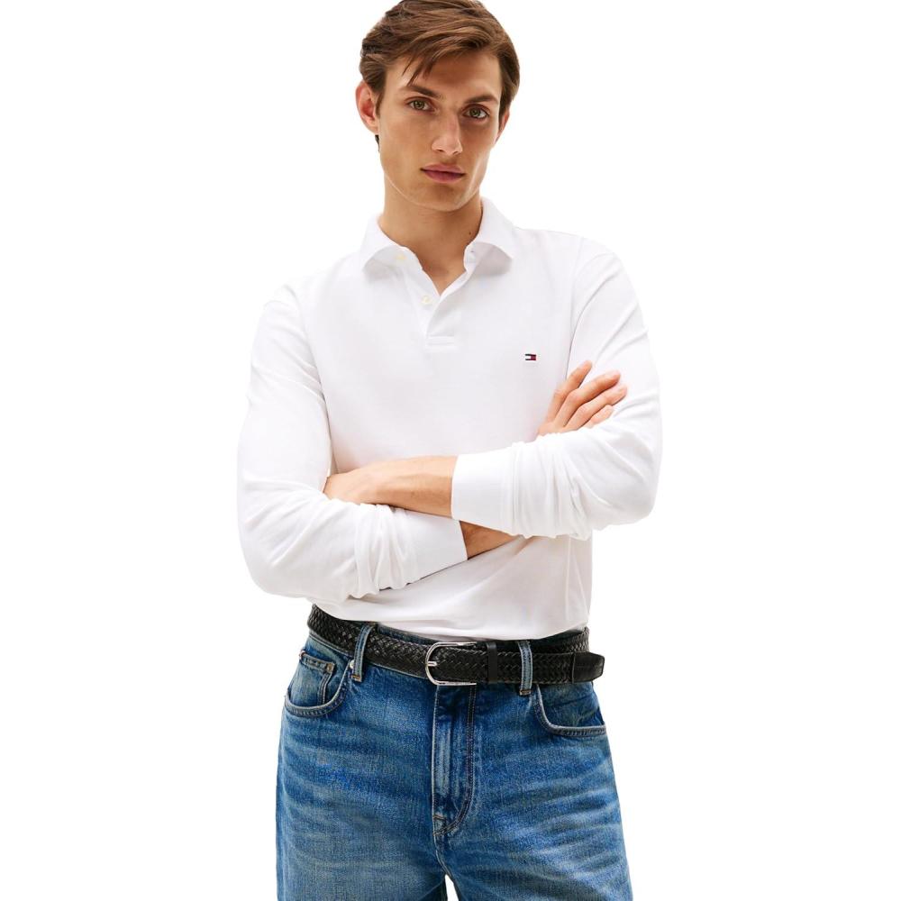 imageTommy Hilfiger Mens Long Sleeve Polo Shirts in Regular Fit with Stretch and Organic Pique CottonWhite