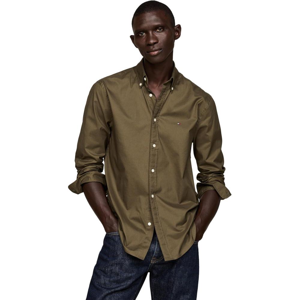 imageTommy Hilfiger Mens Long Sleeve Poplin Shirts in Regular Fit Mens Button Down Shirts Also Available in Big and TallArmy Green