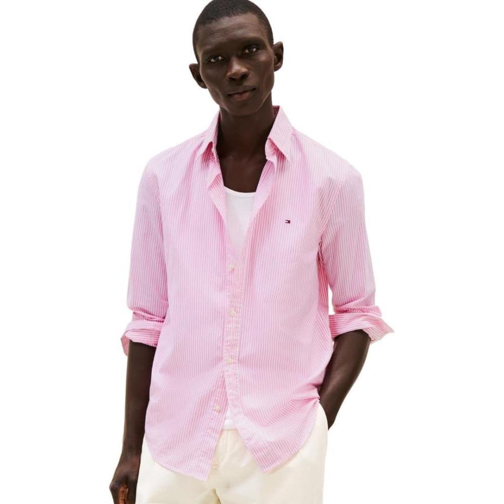 imageTommy Hilfiger Mens Long Sleeve Poplin Shirts in Regular Fit Mens Button Down Shirts Also Available in Big and TallClassic Pink  Optic White Stripe