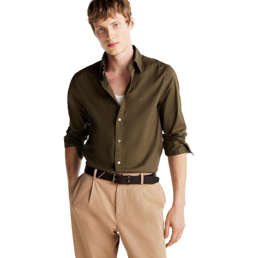imageTommy Hilfiger Mens Long Sleeve Poplin Shirts in Regular Fit Mens Button Down Shirts Also Available in Big and TallDark Green