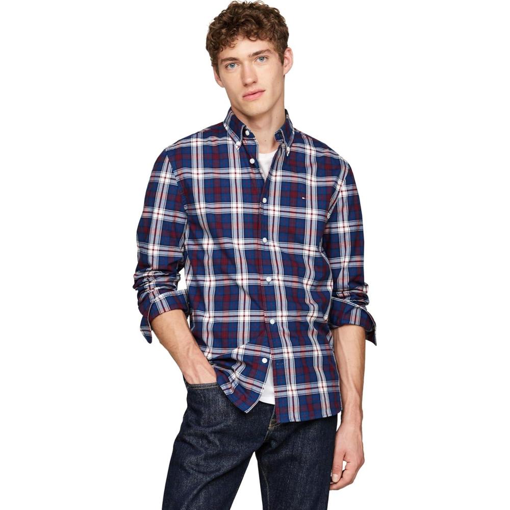 imageTommy Hilfiger Mens Long Sleeve Poplin Shirts in Regular Fit Mens Button Down Shirts Also Available in Big and TallDeep Indigo Rouge Check