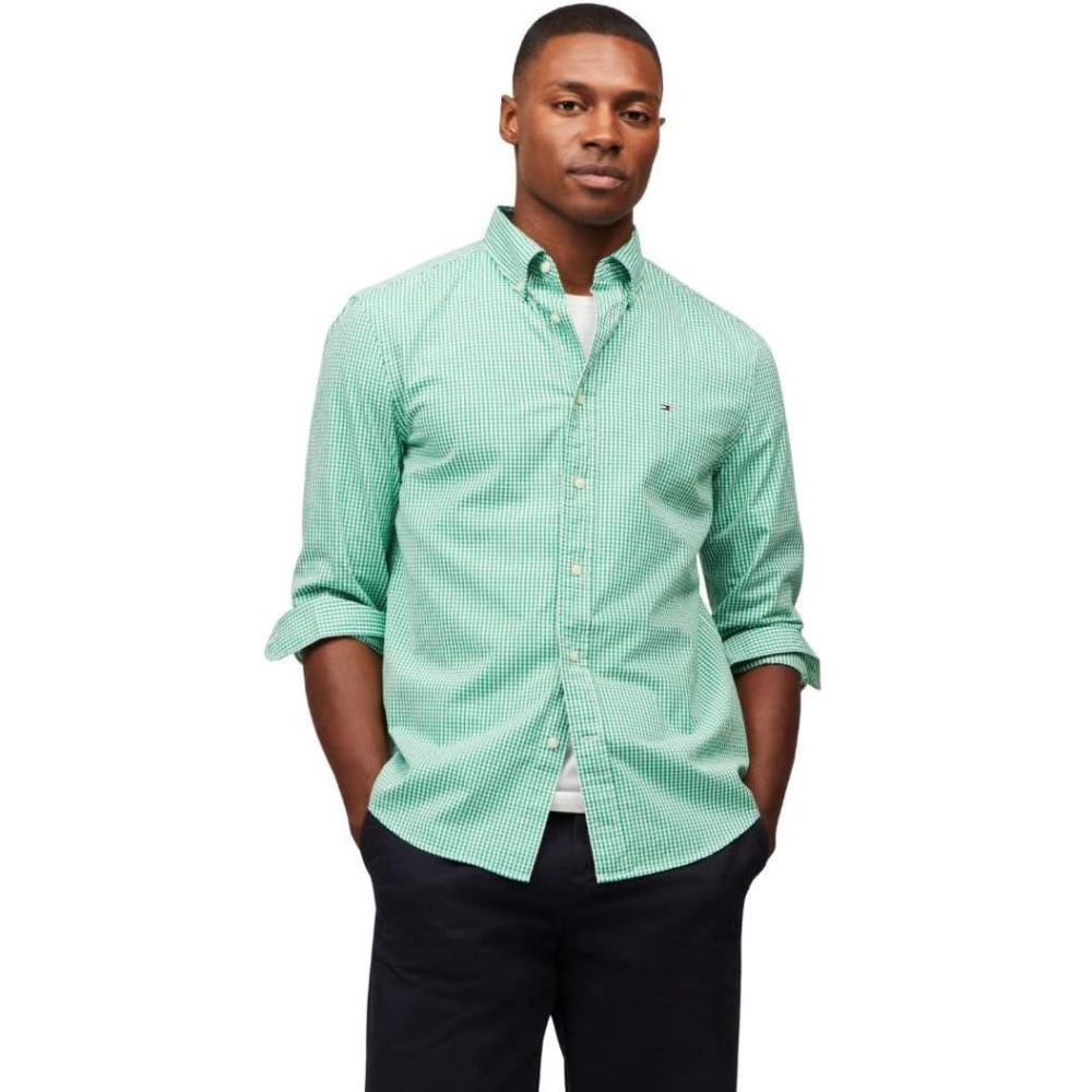imageTommy Hilfiger Mens Long Sleeve Poplin Shirts in Regular Fit Mens Button Down Shirts Also Available in Big and TallOlympic Green Optic White Gingham