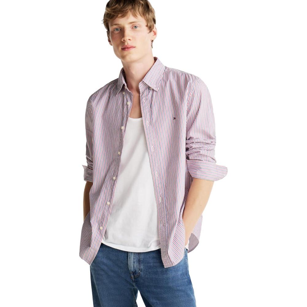imageTommy Hilfiger Mens Long Sleeve Poplin Shirts in Regular Fit Mens Button Down Shirts Also Available in Big and TallRegatta Red  Multi Stripe